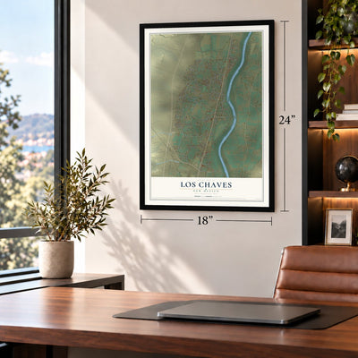Los Chaves, New Mexico map, 18 x 24 inch print in a black frame in a home office