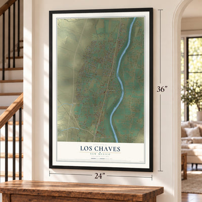 Los Chaves, New Mexico map, 24 x 36 inch print in a black frame by a staircase