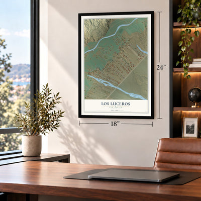 Los Luceros, New Mexico map, 18 x 24 inch print in a black frame in a home office