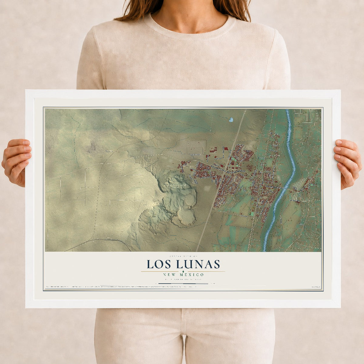 Map of Los Lunas, New Mexico, 12 x 18 inch print in a white wood frame