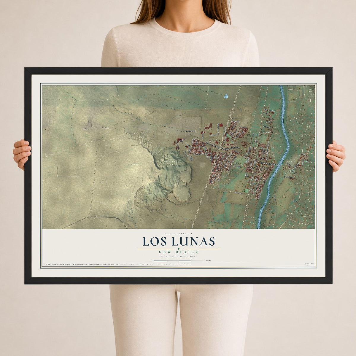 Map of Los Lunas, New Mexico, 24 x 36 inch print in a black wood frame