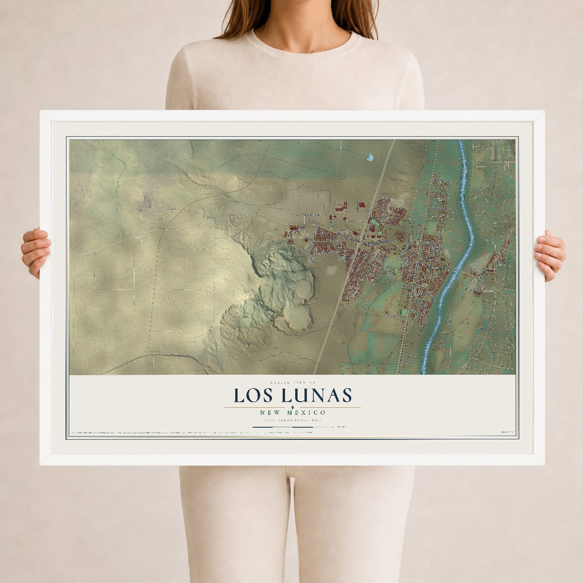 Map of Los Lunas, New Mexico, 24 x 36 inch print in a white wood frame