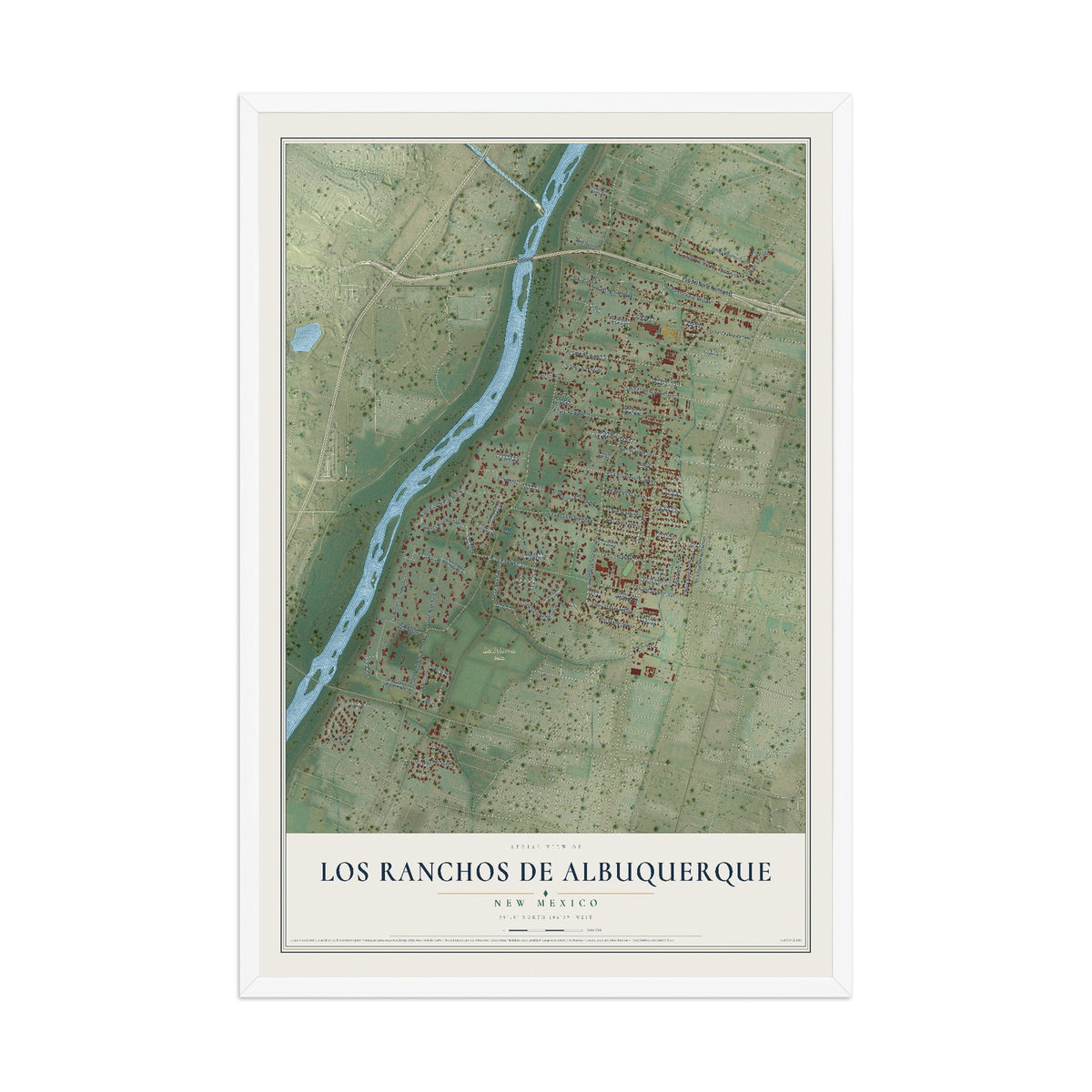 Map of Los Ranchos de Albuquerque, New Mexico, 12 x 18 inch print in a white wood frame