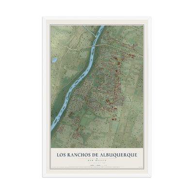 Map of Los Ranchos de Albuquerque, New Mexico, 12 x 18 inch print in a white wood frame