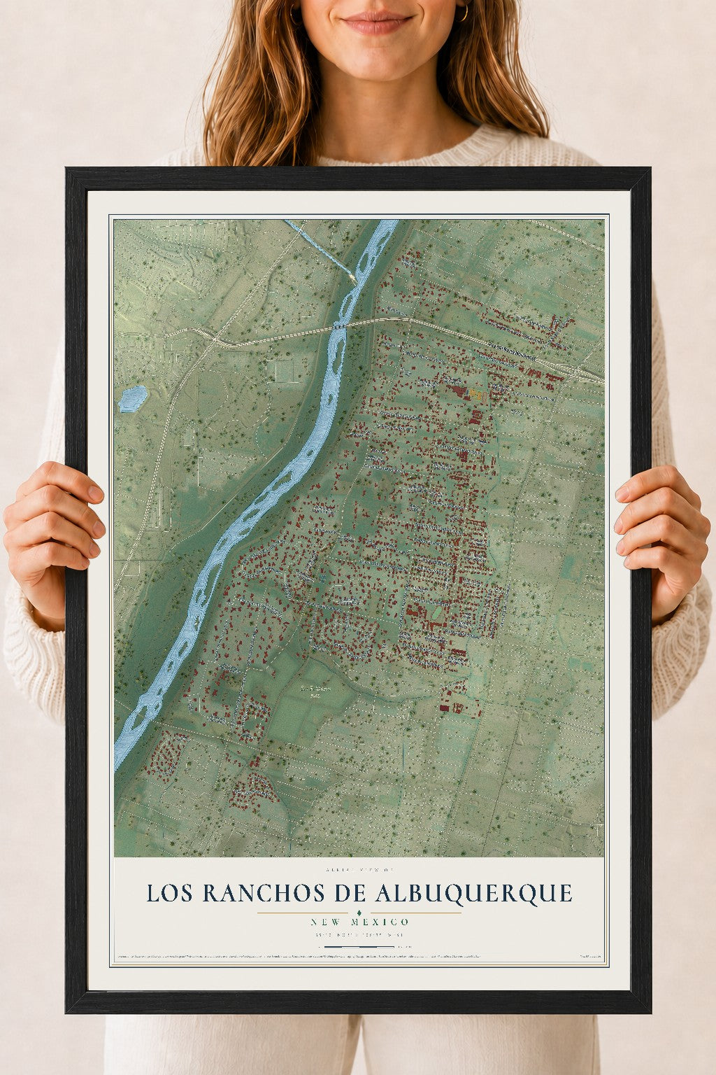 Map of Los Ranchos de Albuquerque, New Mexico, 18 x 24 inch print in a black wood frame