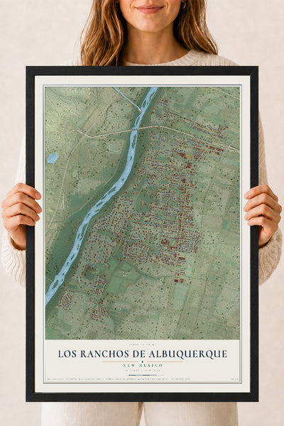 Map of Los Ranchos de Albuquerque, New Mexico, 18 x 24 inch print in a black wood frame