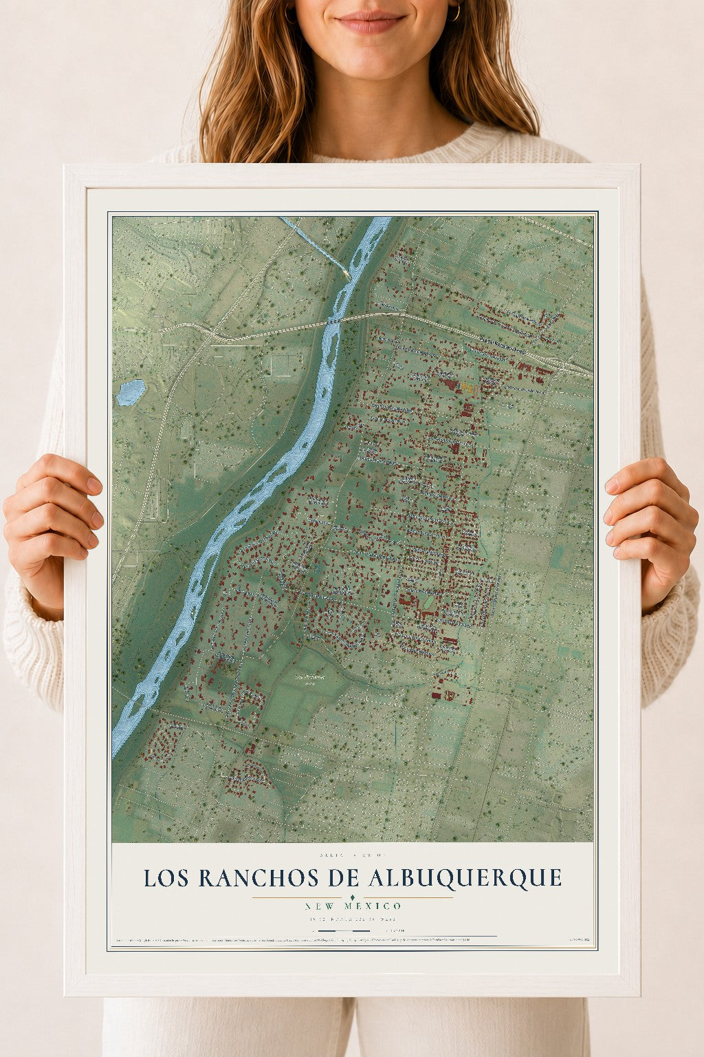 Map of Los Ranchos de Albuquerque, New Mexico, 18 x 24 inch print in a white wood frame