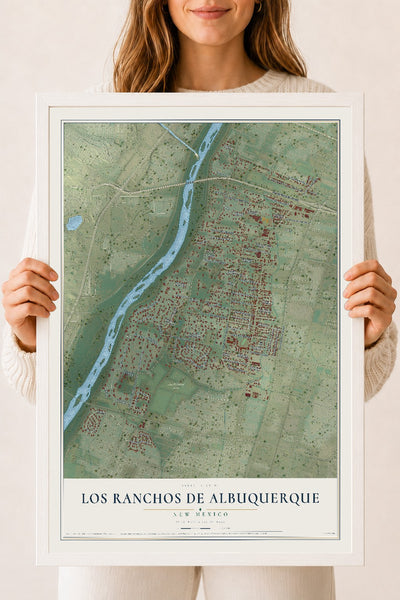 Map of Los Ranchos de Albuquerque, New Mexico, 18 x 24 inch print in a white wood frame