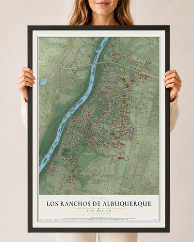 Map of Los Ranchos de Albuquerque, New Mexico, 24 x 36 inch print in a black wood frame