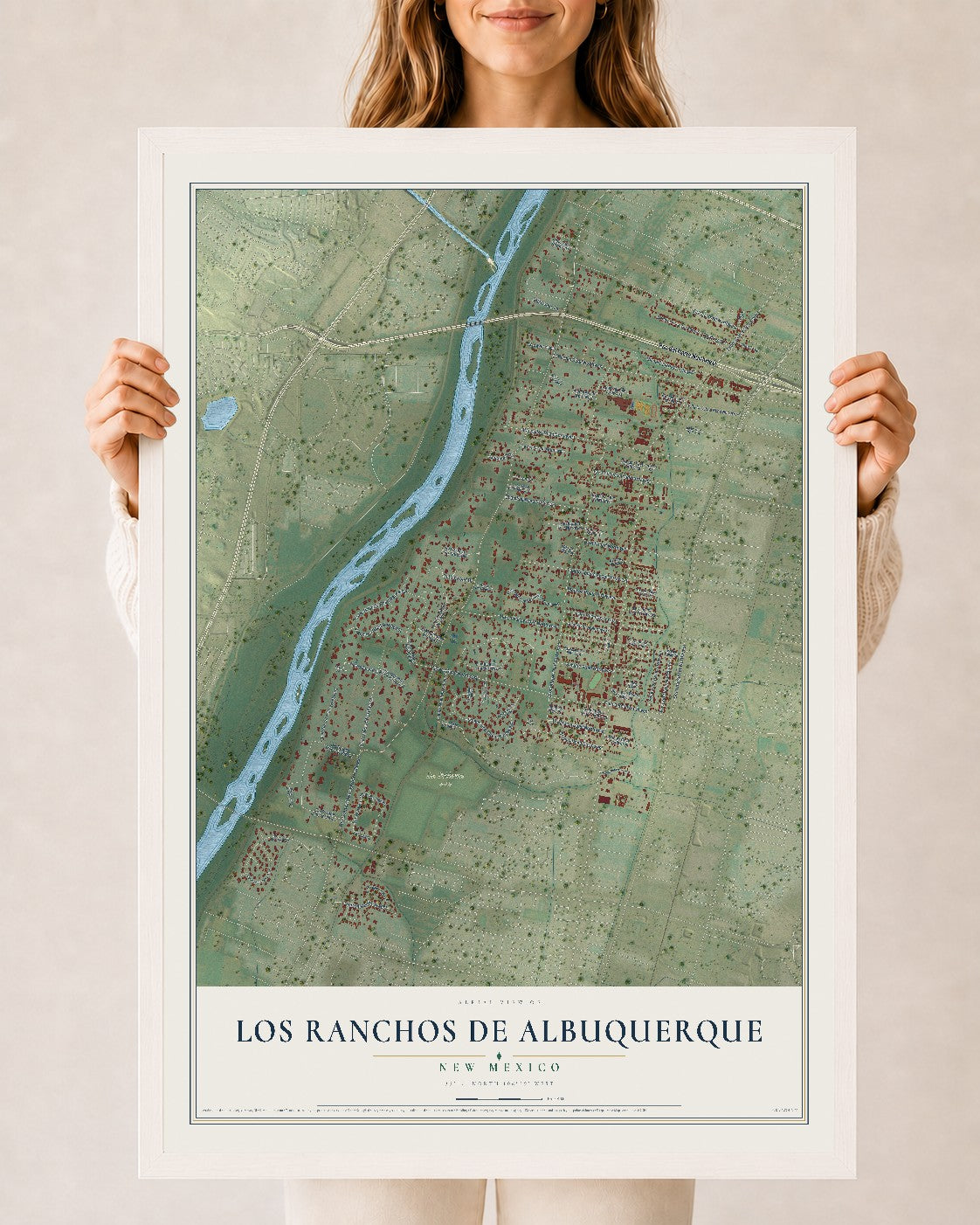 Map of Los Ranchos de Albuquerque, New Mexico, 24 x 36 inch print in a white wood frame