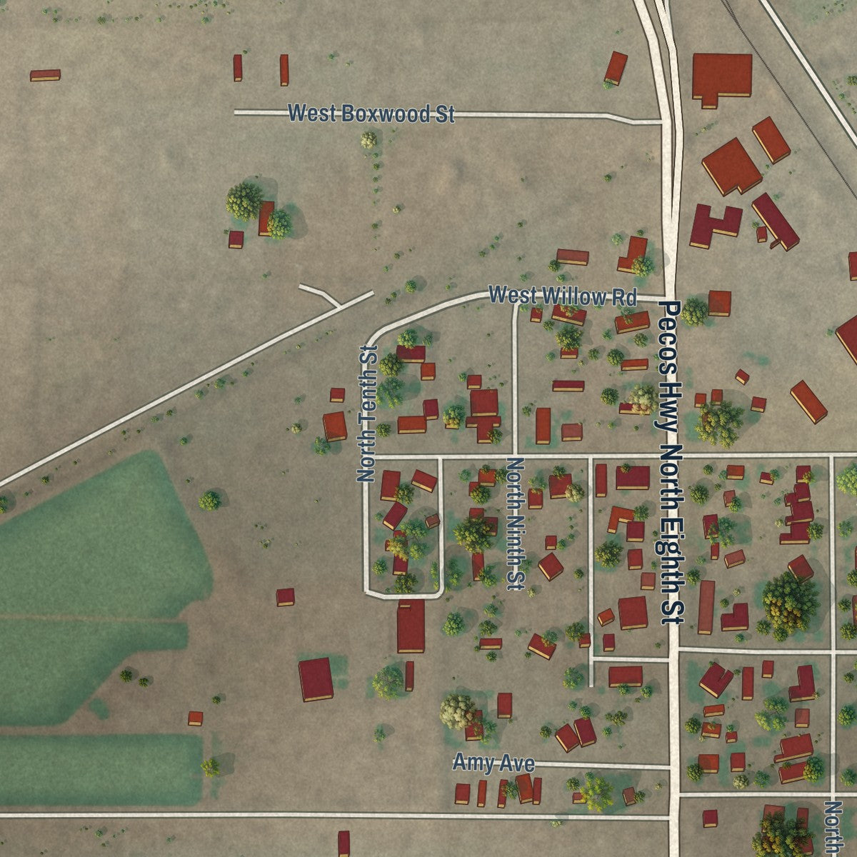 Second close-up of the map of Loving, New Mexico print showing more streets and buildings