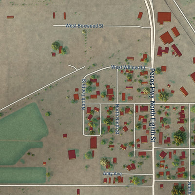Second close-up of the map of Loving, New Mexico print showing more streets and buildings