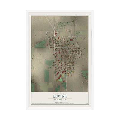 Map of Loving, New Mexico, 12 x 18 inch print in a white wood frame