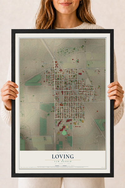 Map of Loving, New Mexico, 18 x 24 inch print in a black wood frame