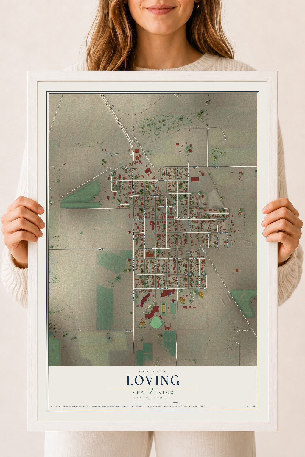 Map of Loving, New Mexico, 18 x 24 inch print in a white wood frame
