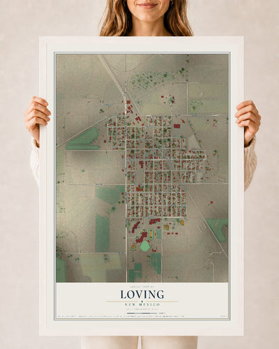 Map of Loving, New Mexico, 24 x 36 inch print in a white wood frame