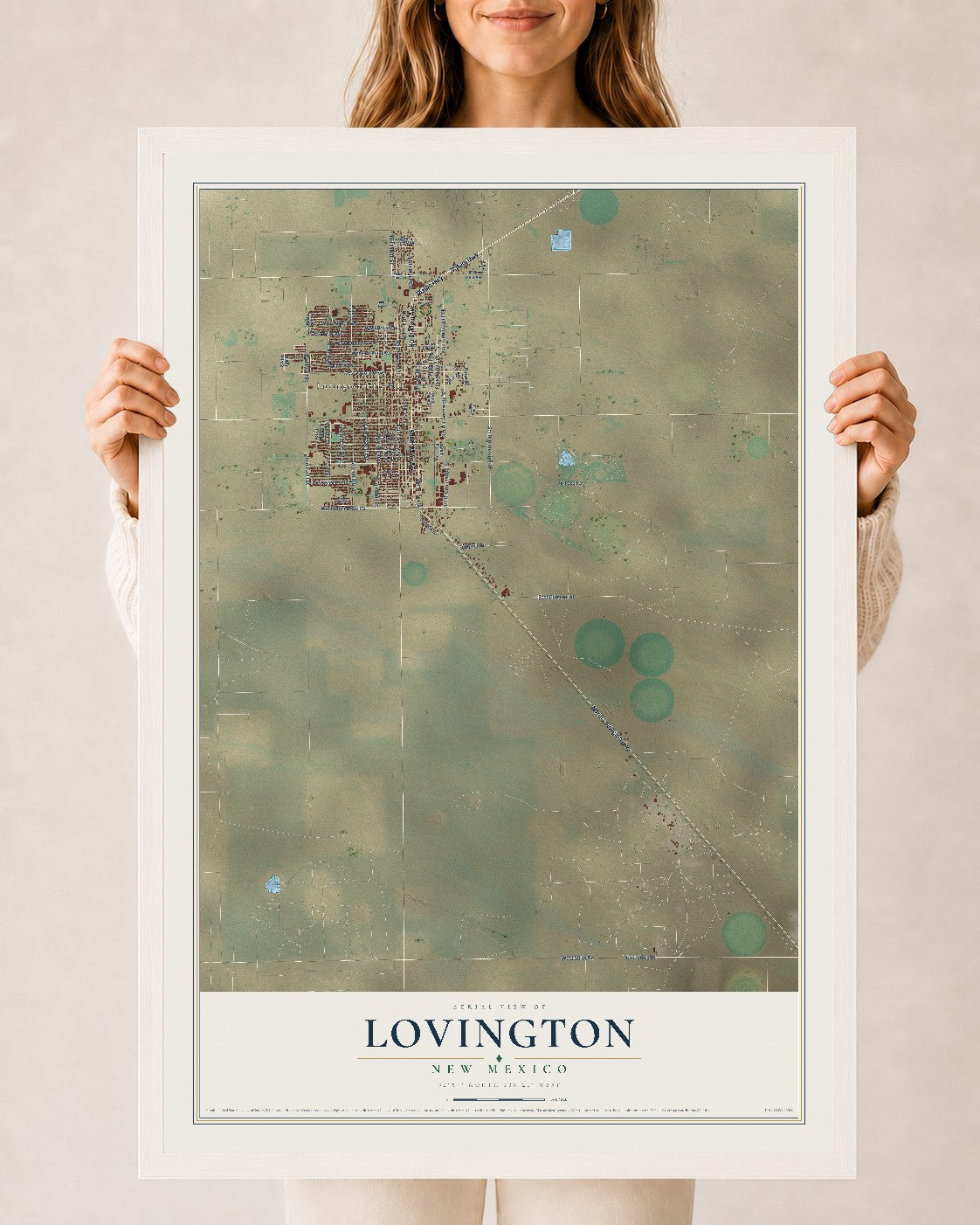 Map of Lovington, New Mexico, 24 x 36 inch print in a white wood frame