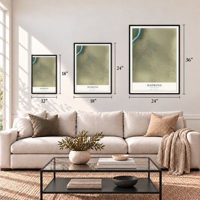 Madrone, New Mexico map in 12 x 18, 18 x 24 and 24 x 36 inch sizes above a sofa