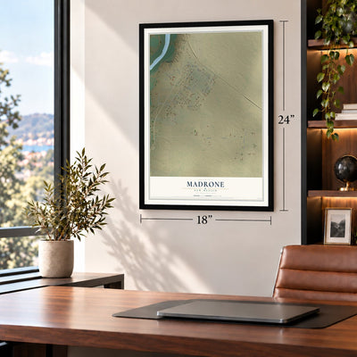 Madrone, New Mexico map, 18 x 24 inch print in a black frame in a home office