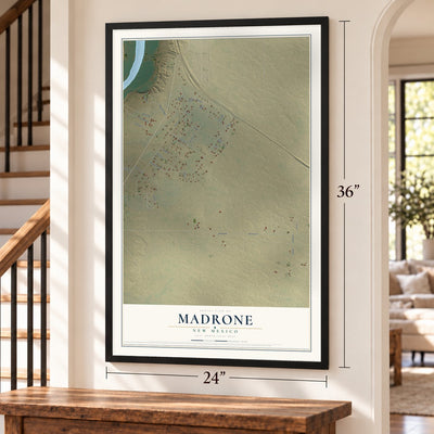 Madrone, New Mexico map, 24 x 36 inch print in a black frame by a staircase