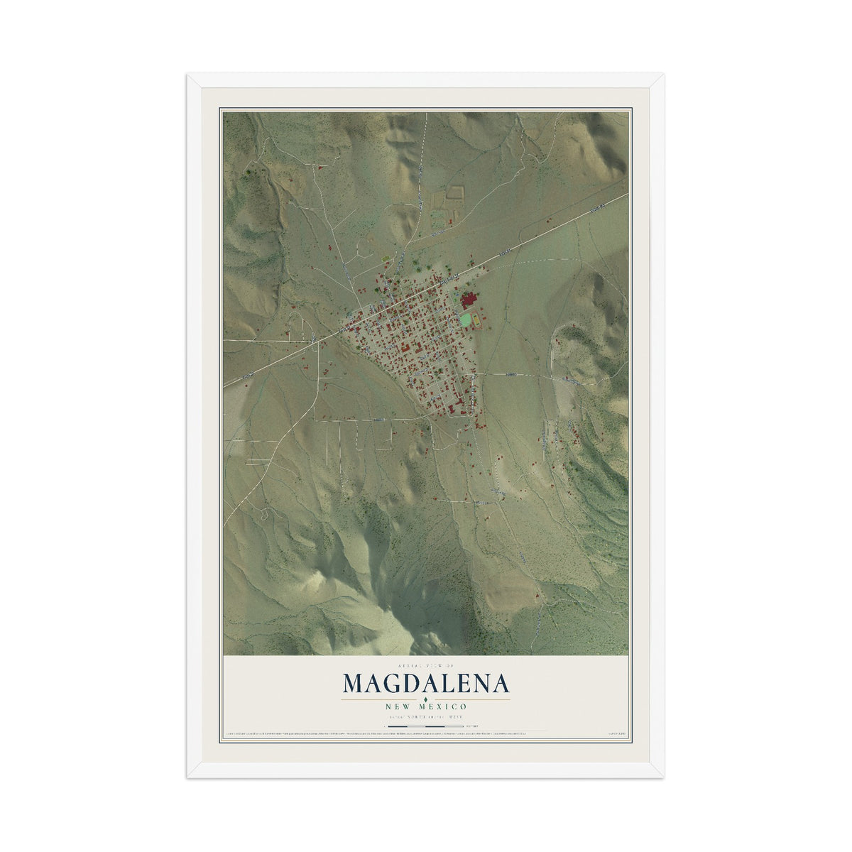 Map of Magdalena, New Mexico, 12 x 18 inch print in a white wood frame