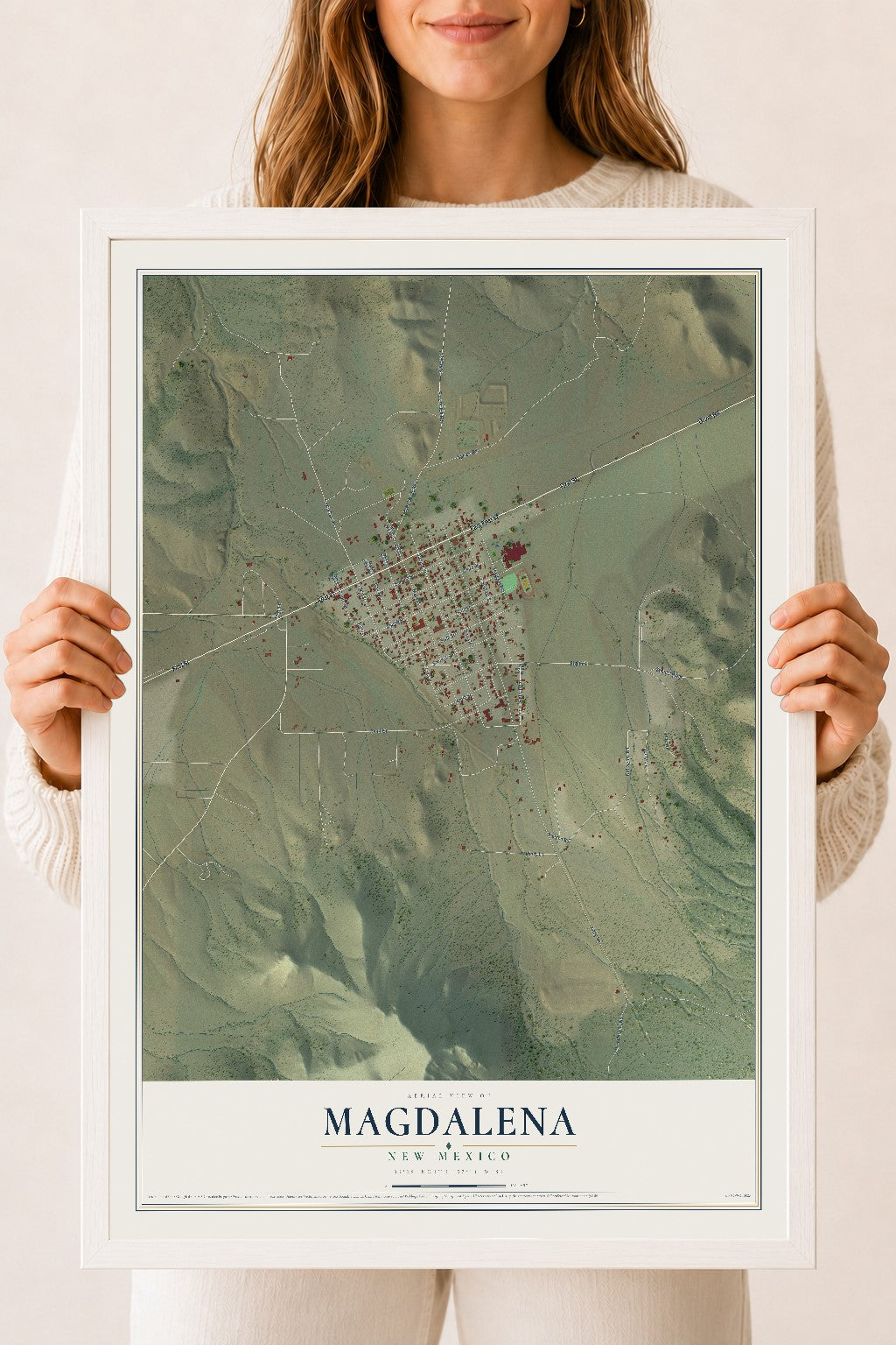 Map of Magdalena, New Mexico, 18 x 24 inch print in a white wood frame
