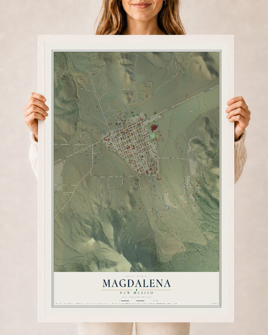 Map of Magdalena, New Mexico, 24 x 36 inch print in a white wood frame