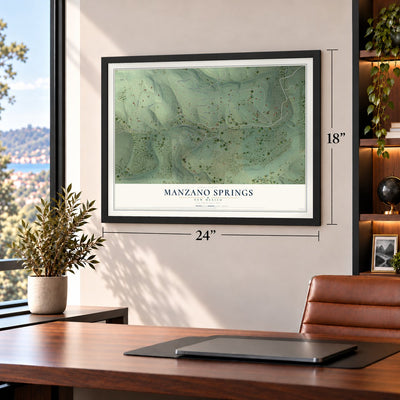 Manzano Springs, New Mexico map, 18 x 24 inch print in a black frame in a home office