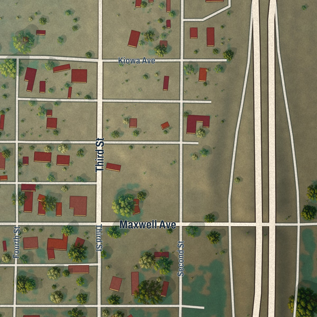 Close-up of the map of Maxwell, New Mexico print showing street and building detail
