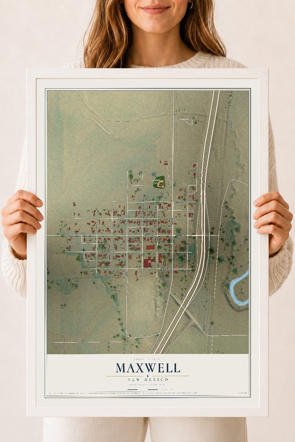 Map of Maxwell, New Mexico, 18 x 24 inch print in a white wood frame