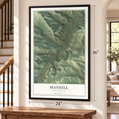 Mayhill, New Mexico map, 24 x 36 inch print in a black frame by a staircase