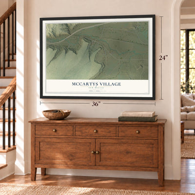 McCartys Village, New Mexico map, 24 x 36 inch print in a black frame above a dresser by a staircase