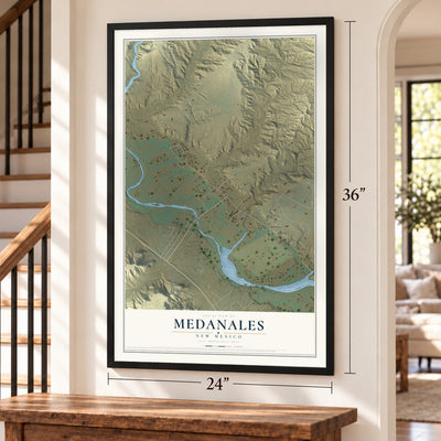 Medanales, New Mexico map, 24 x 36 inch print in a black frame by a staircase