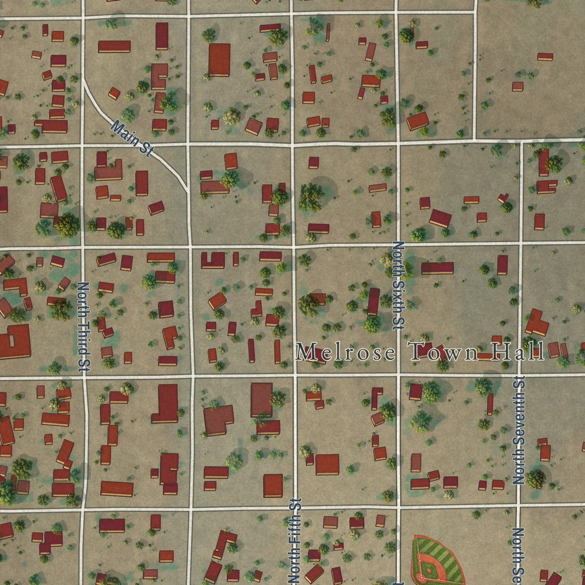 Close-up of the map of Melrose, New Mexico print showing street and building detail