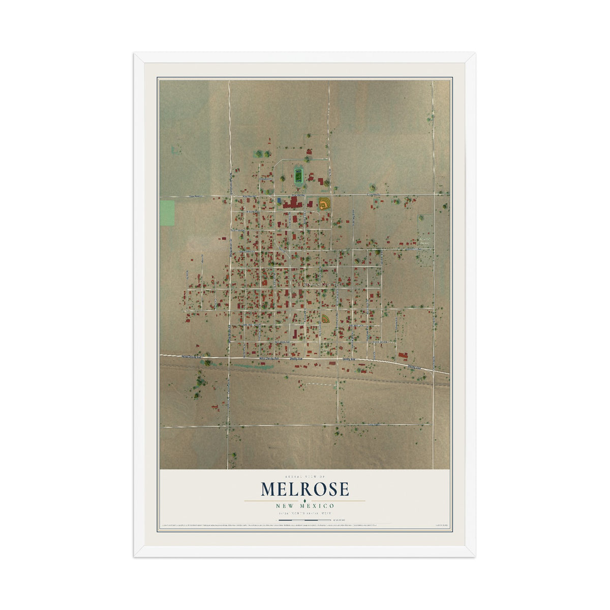 Map of Melrose, New Mexico, 12 x 18 inch print in a white wood frame