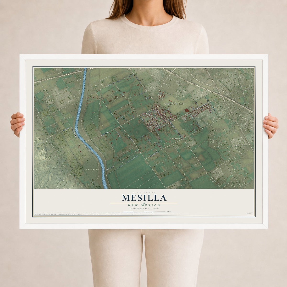 Map of Mesilla, New Mexico, 24 x 36 inch print in a white wood frame
