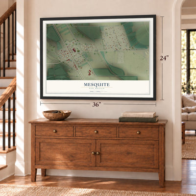 Mesquite, New Mexico map, 24 x 36 inch print in a black frame above a dresser by a staircase