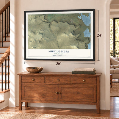 Middle Mesa, New Mexico map, 24 x 36 inch print in a black frame above a dresser by a staircase