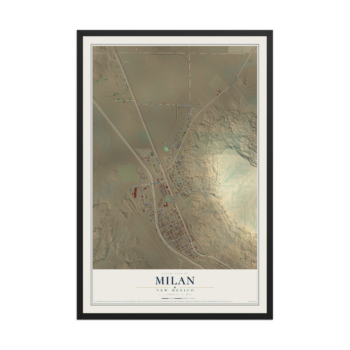 Map of Milan, New Mexico, 12 x 18 inch print in a black wood frame