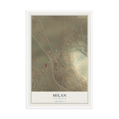 Map of Milan, New Mexico, 12 x 18 inch print in a white wood frame