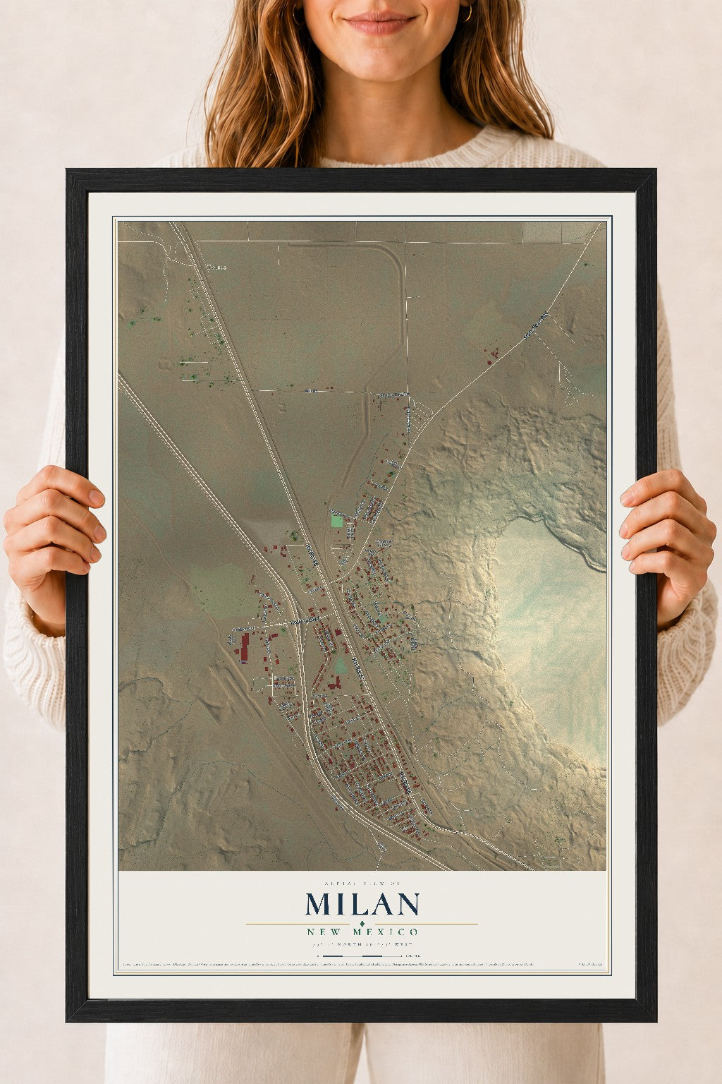 Map of Milan, New Mexico, 18 x 24 inch print in a black wood frame