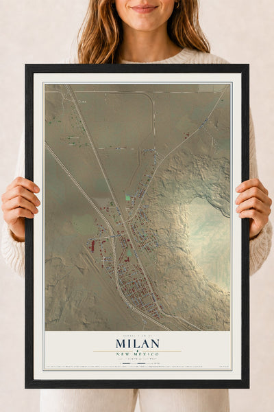 Map of Milan, New Mexico, 18 x 24 inch print in a black wood frame