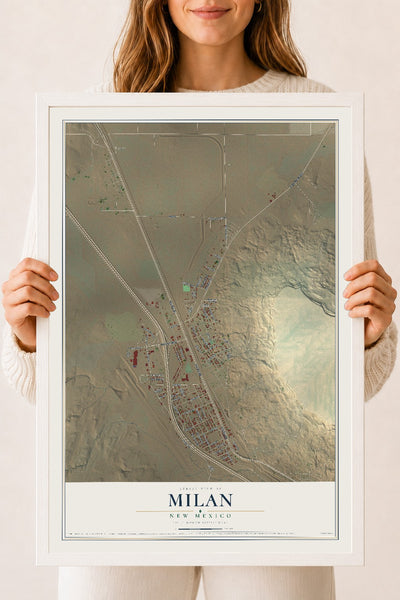 Map of Milan, New Mexico, 18 x 24 inch print in a white wood frame
