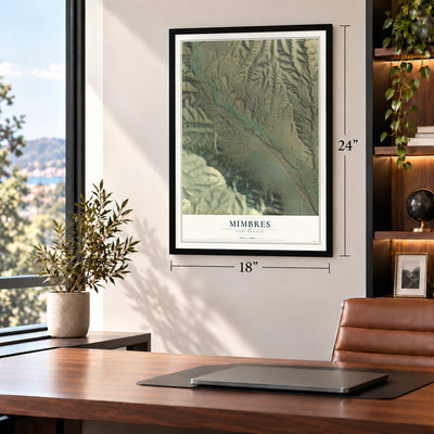 Mimbres, New Mexico map, 18 x 24 inch print in a black frame in a home office