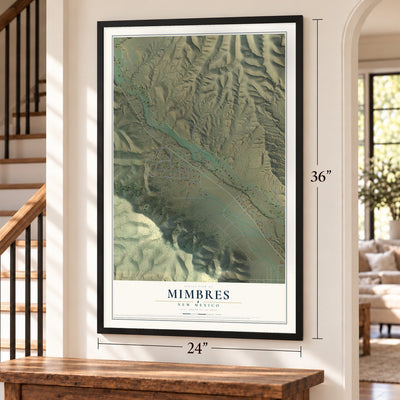 Mimbres, New Mexico map, 24 x 36 inch print in a black frame by a staircase