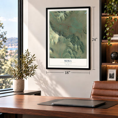 Mora, New Mexico map, 18 x 24 inch print in a black frame in a home office