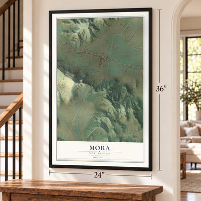Mora, New Mexico map, 24 x 36 inch print in a black frame by a staircase