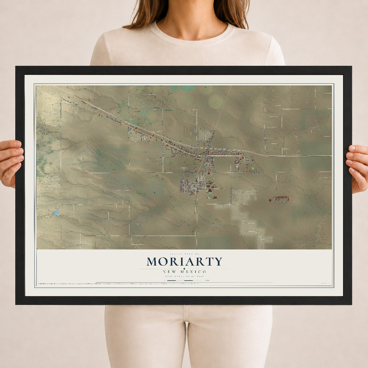 Map of Moriarty, New Mexico, 18 x 24 inch print in a black wood frame