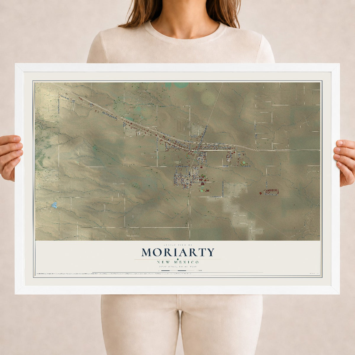 Map of Moriarty, New Mexico, 18 x 24 inch print in a white wood frame