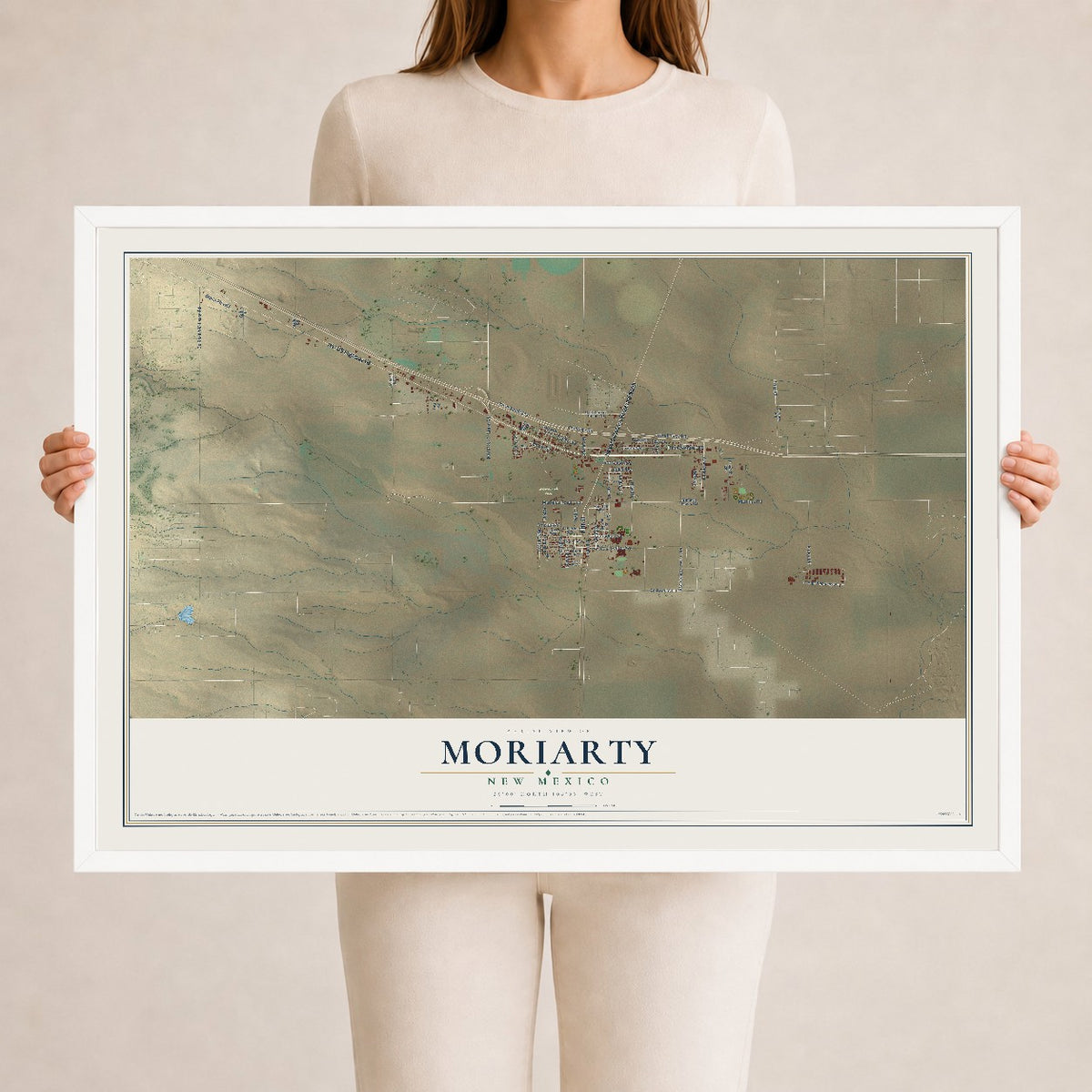 Map of Moriarty, New Mexico, 24 x 36 inch print in a white wood frame